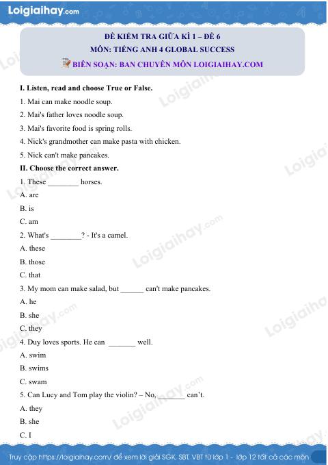 Đề thi giữa kì 1 Tiếng Anh 4 iLearn Smart Start - Đề số 6